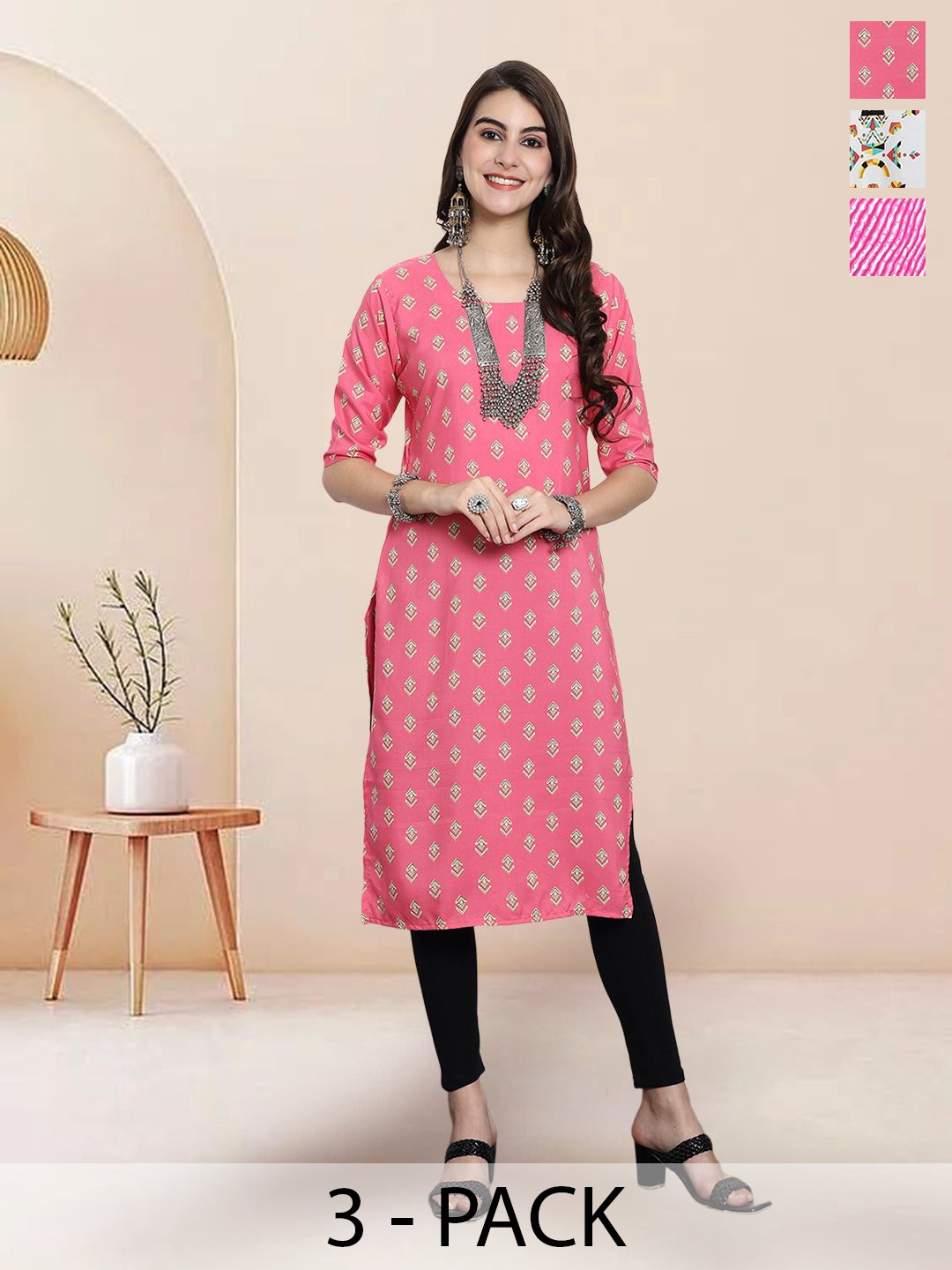 

7Threads Selection of 3 Geometric Printed Round Neck Straight Kurtas, Pink