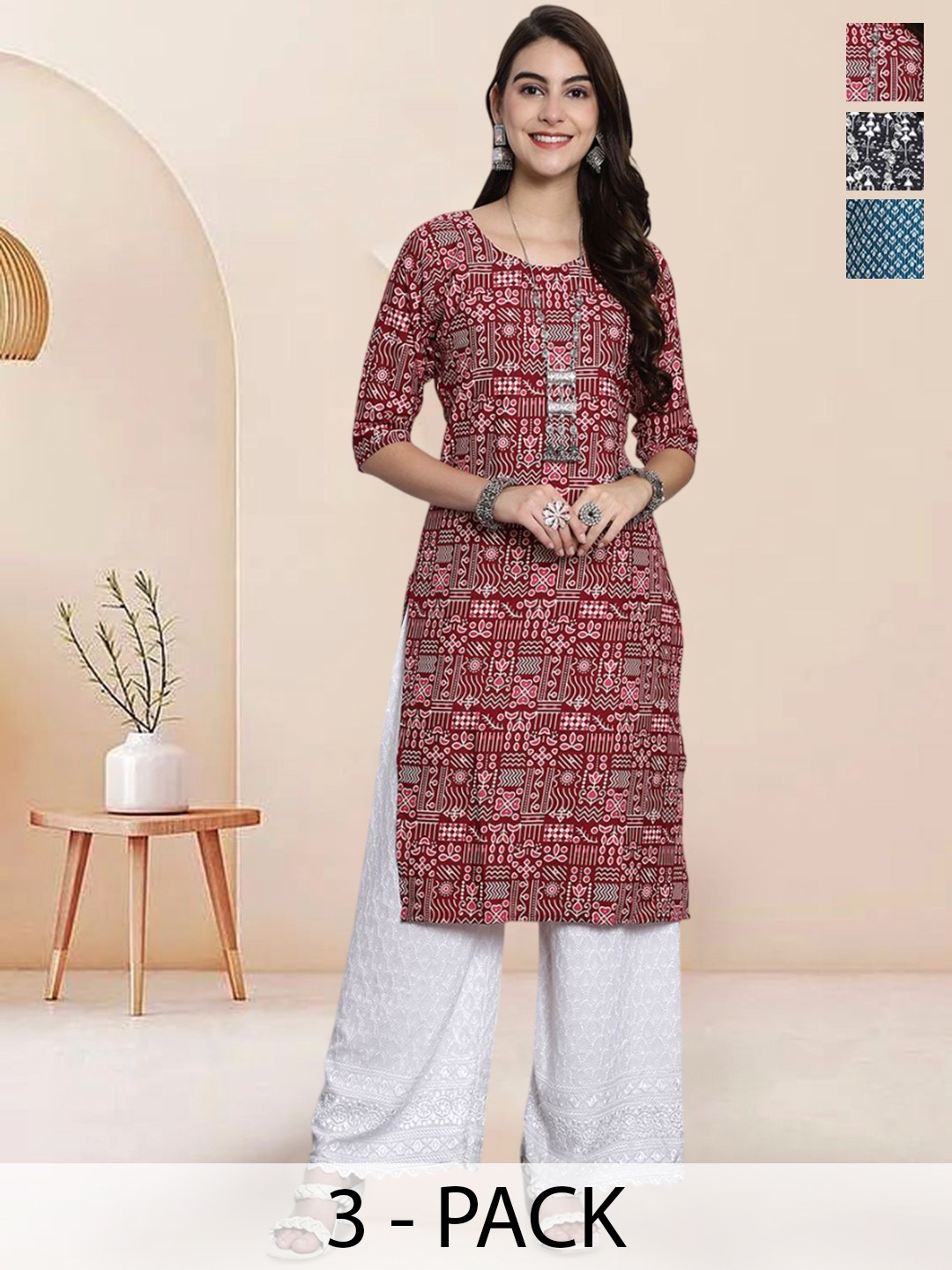 

7Threads Selection Of 3 Ethnic Motifs Printed Round Neck Kurtas, Maroon