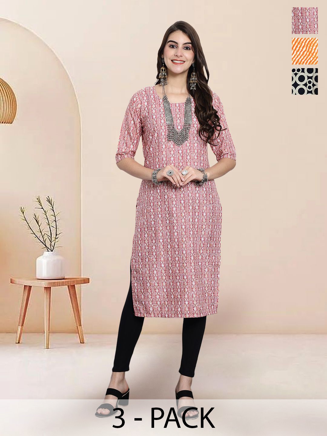

7Threads Selection Of 3 Geometric Printed Round Neck Kurtas, Pink