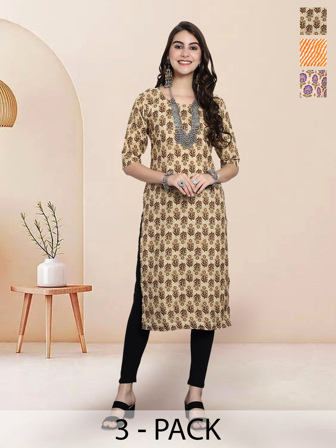 

7Threads Selection Of 3 Floral Printed Round Neck Kurtas, Beige