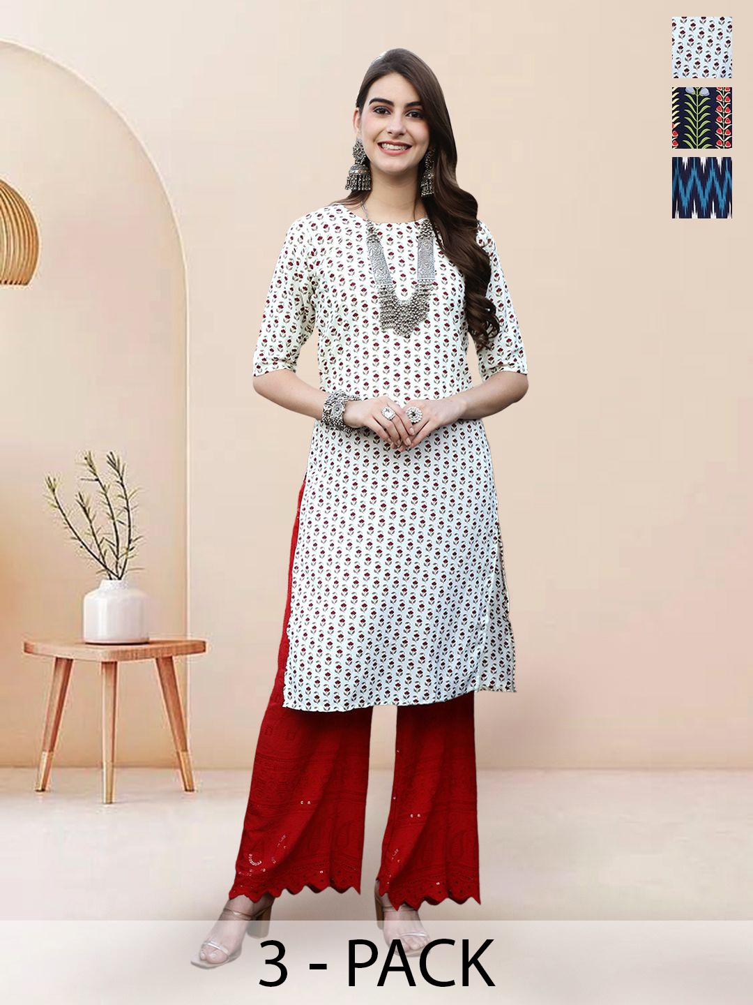 

7Threads Selection of 3 Floral Printed Round Neck Straight Kurtas, White