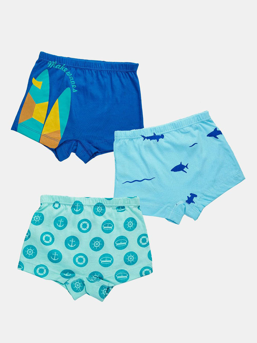

You Got Plan B Boys Pack Of 3 Printed Cotton Anti Microbial Boxer Briefs BB-Surf: 4-6, Blue