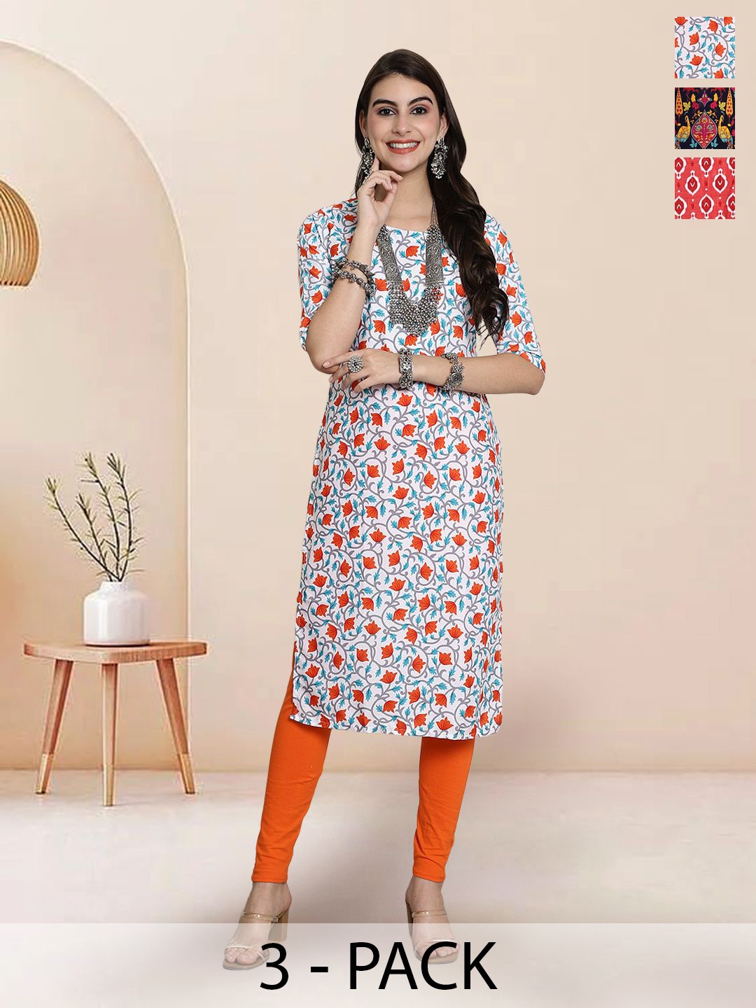 

7Threads Selection Of 3 Floral Printed Straight Kurtas, Pink