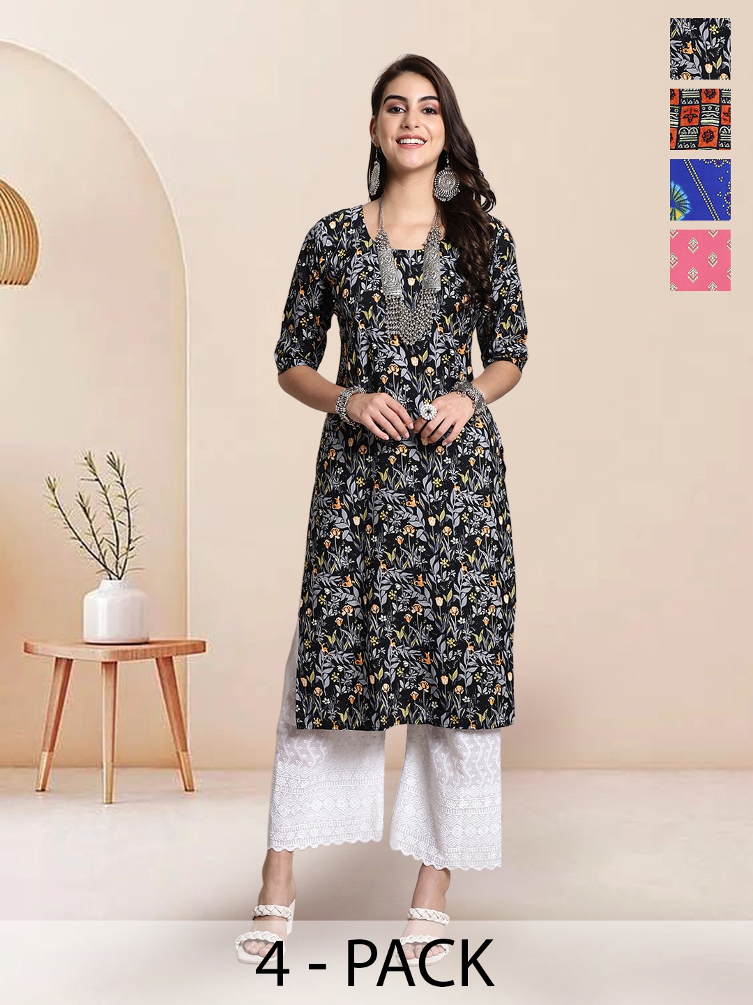 

7Threads Selection Of 4 Bandhani Printed Round Neck Kurtas, Blue