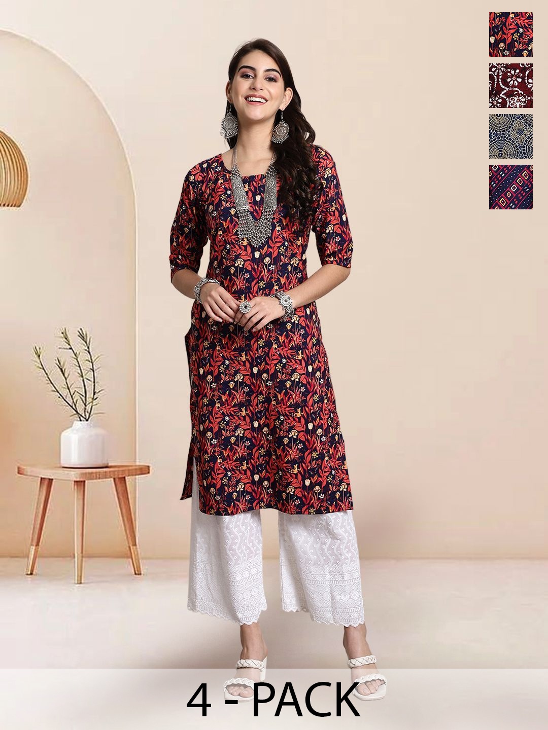 

7Threads Selection Of 4 Floral Printed Round Neck Straight Kurtas, Navy blue