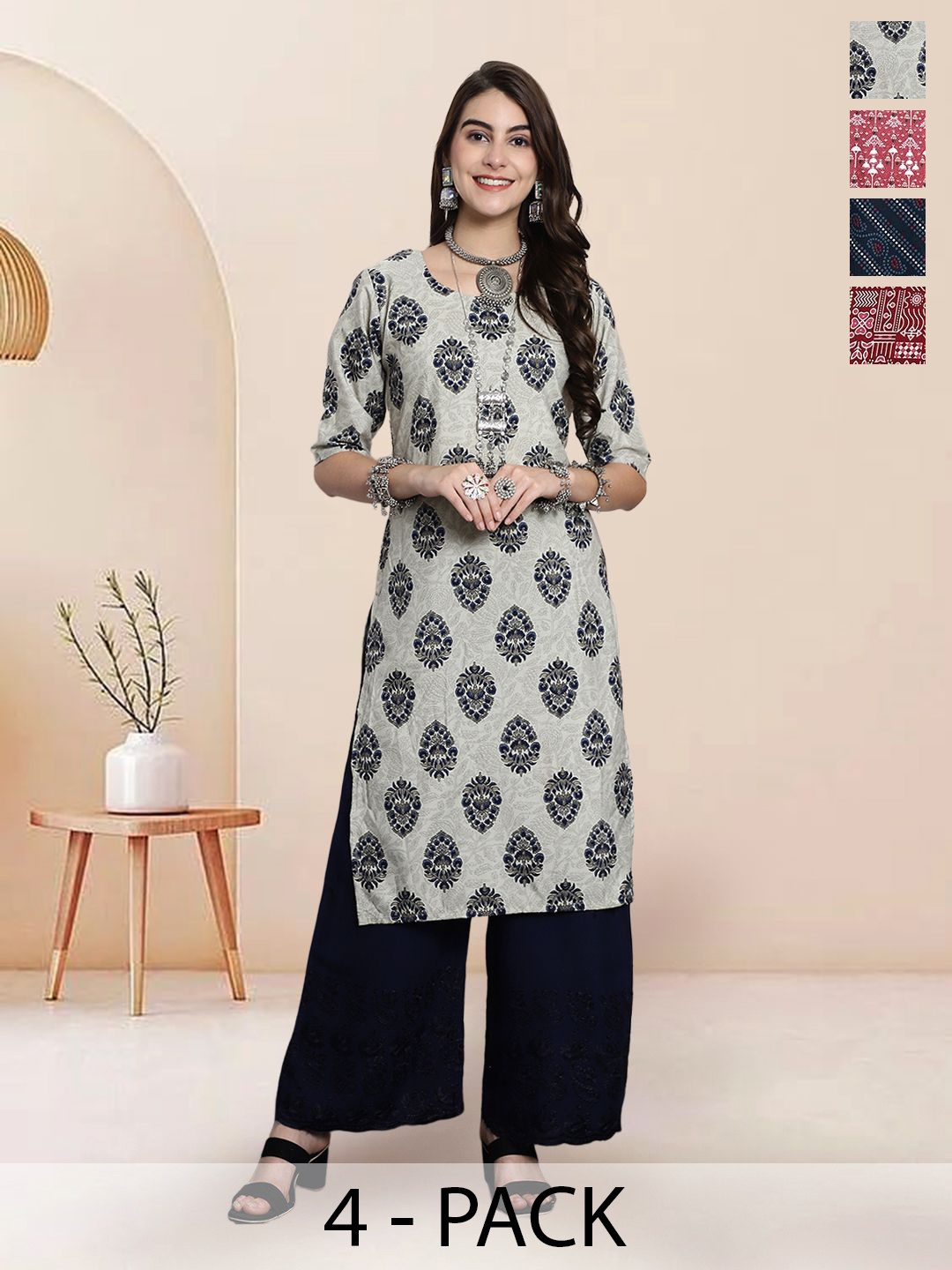 

7Threads Selection Of 4 Floral Printed Round Neck Straight Kurtas, Grey