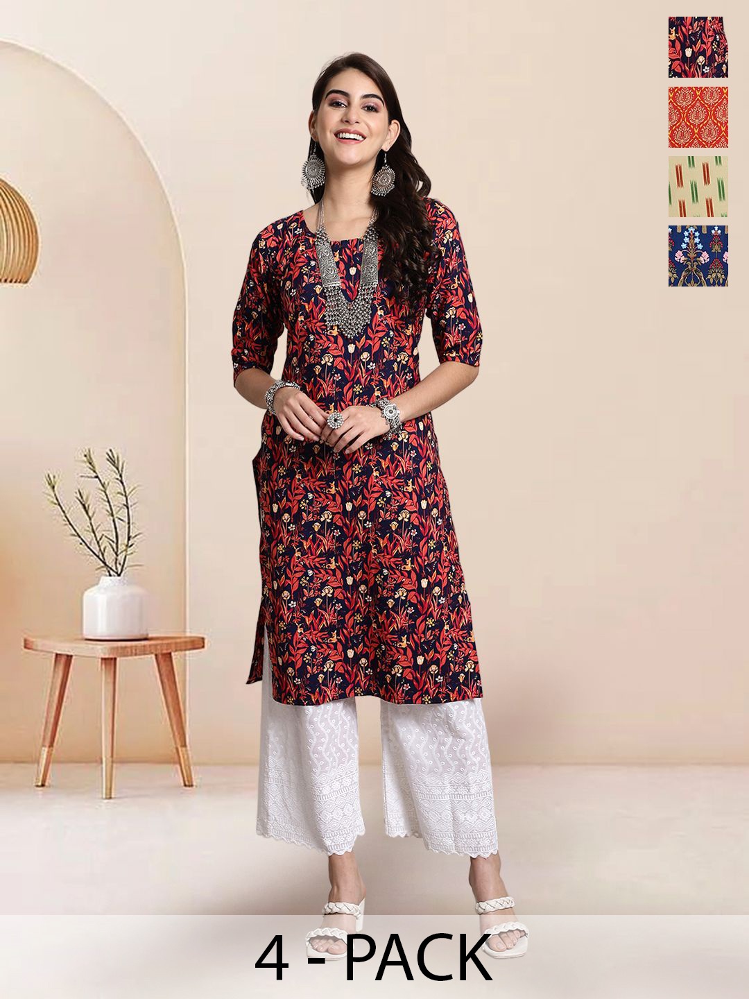 

7Threads Selection Of 4 Floral Printed Round Neck Straight Kurtas, Navy blue