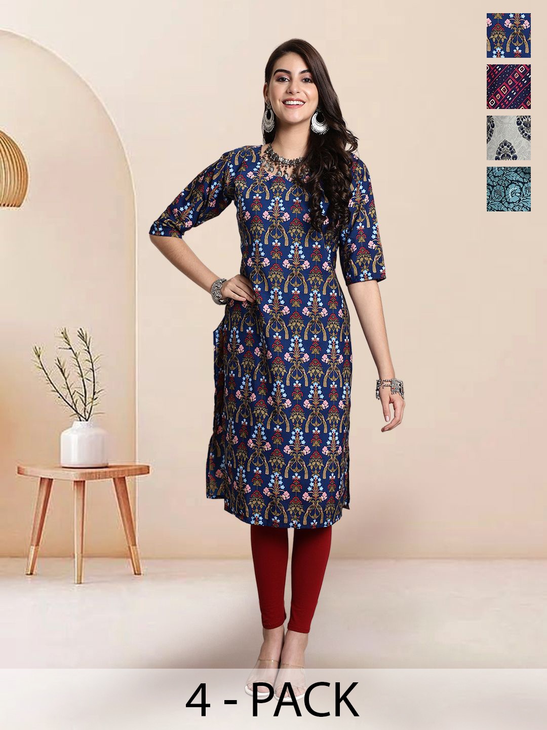 

7Threads Selection Of 4 Floral Printed Round Neck Straight Kurtas, Navy blue