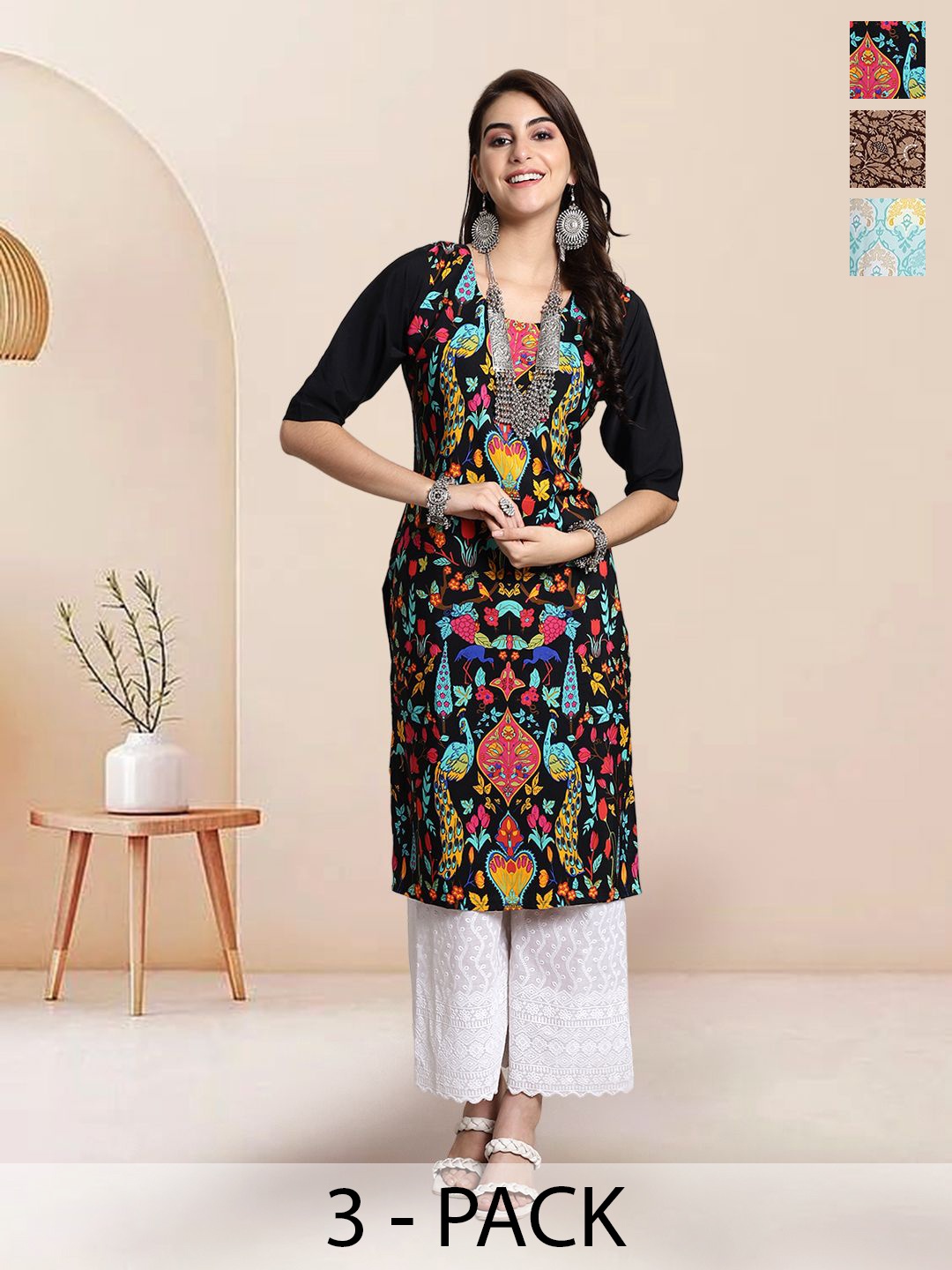 

7Threads Selection Of 3 Ethnic Motifs Printed Round Neck Kurtas, Black