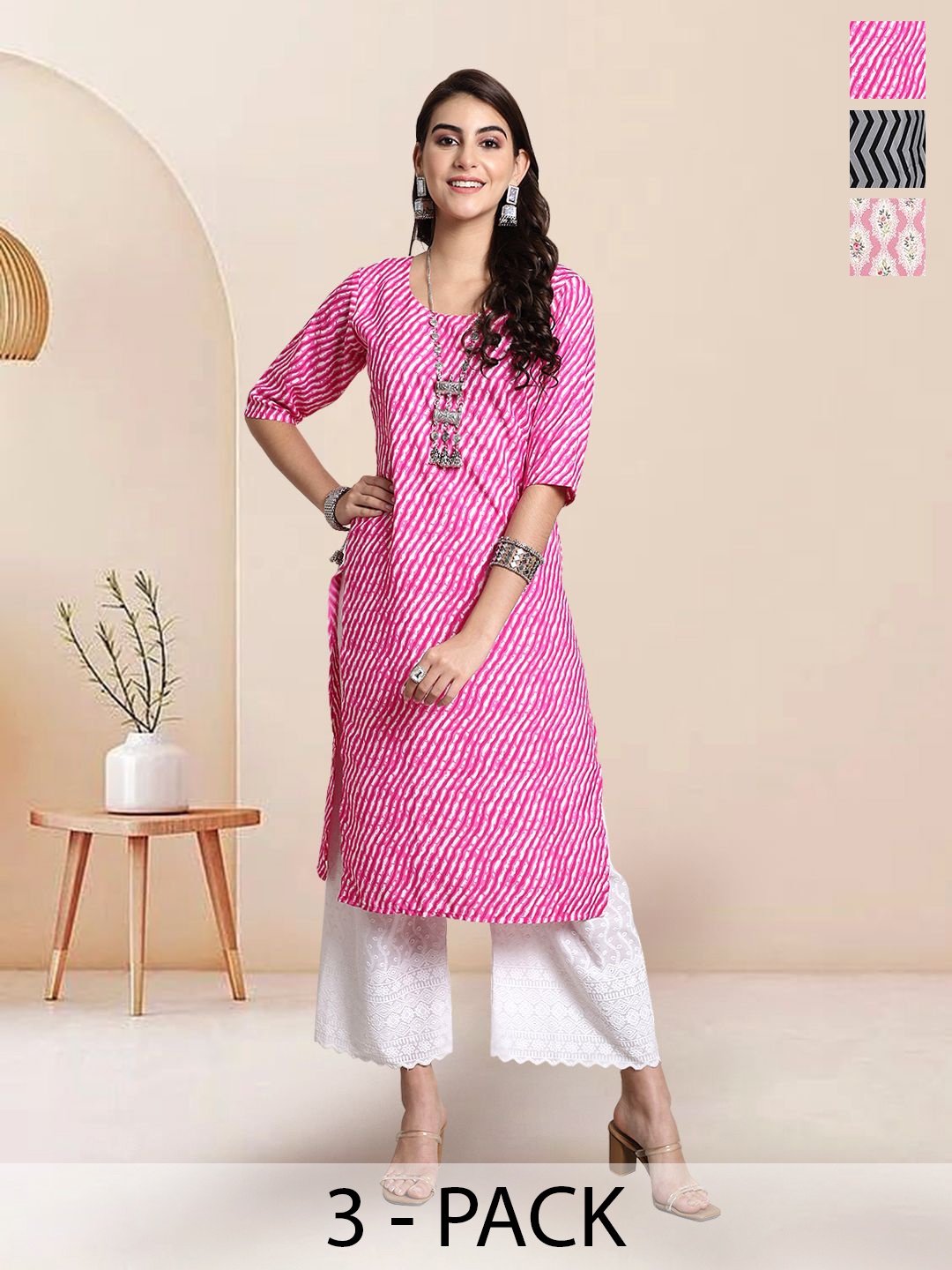 

7Threads Selection of 3 Floral Printed Round Neck Straight Kurtas, Pink