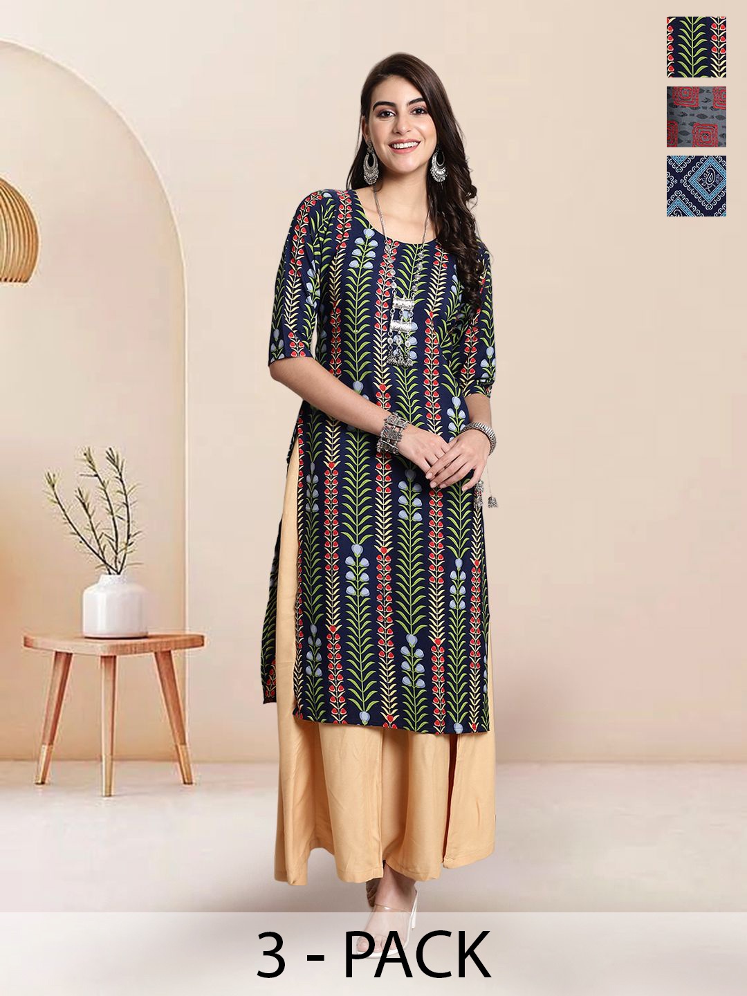 

7Threads Selection Of 3 Floral Printed Round Neck Straight Kurtas, Navy blue