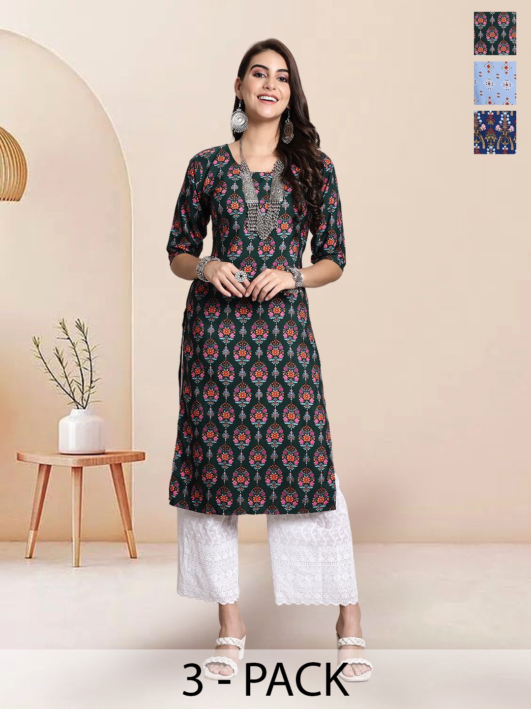 

7Threads Selection Of 3 Floral Printed Round Neck Straight Kurtas, Green