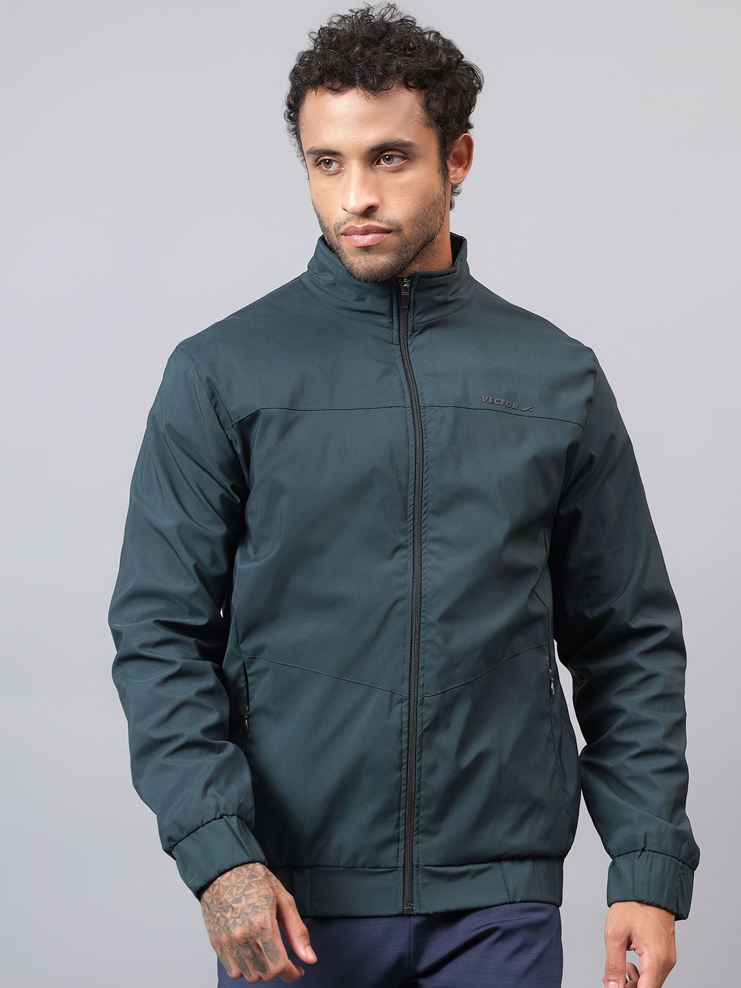 VECTOR X Men Mock Collar Solid Casual Bomber Windcheater Jacket, Teal