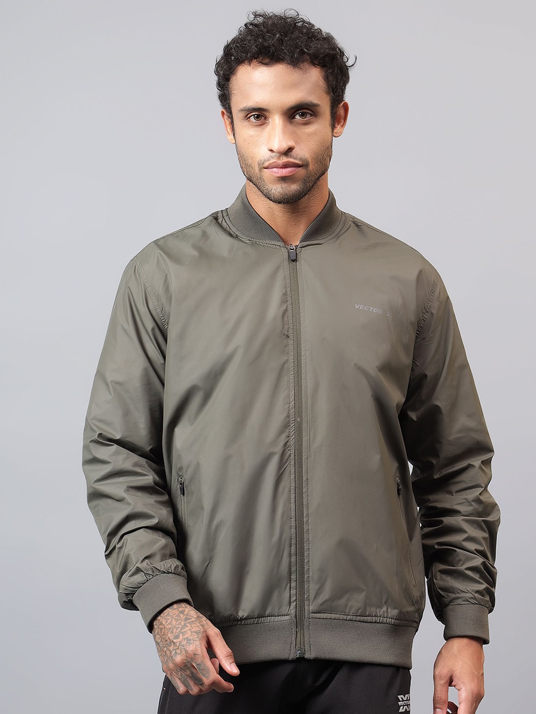 

VECTOR X Men Stand Collar Solid Casual Bomber Windcheater Jacket, Olive