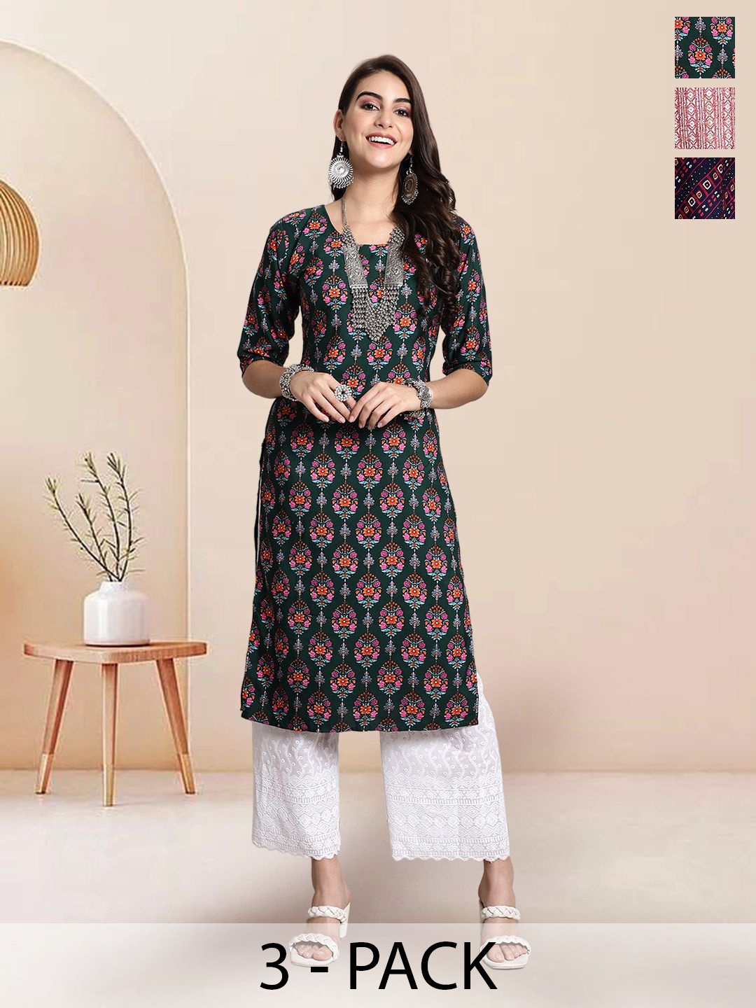 

7Threads Selection of 3 Floral Printed Round Neck Straight Kurtas, Navy blue