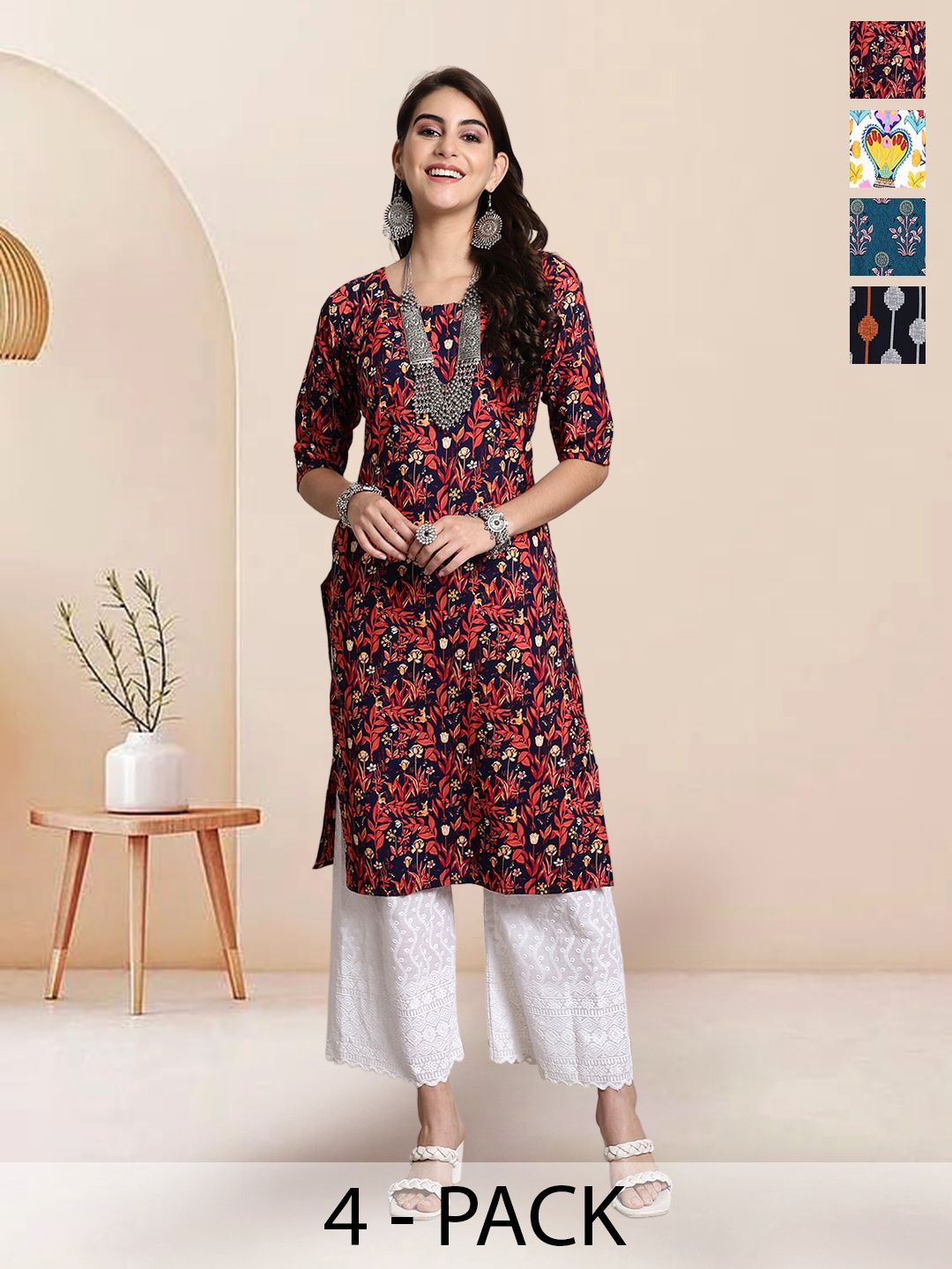 

7Threads Selection of 4 Floral Printed Round Neck Straight Kurtas, Navy blue