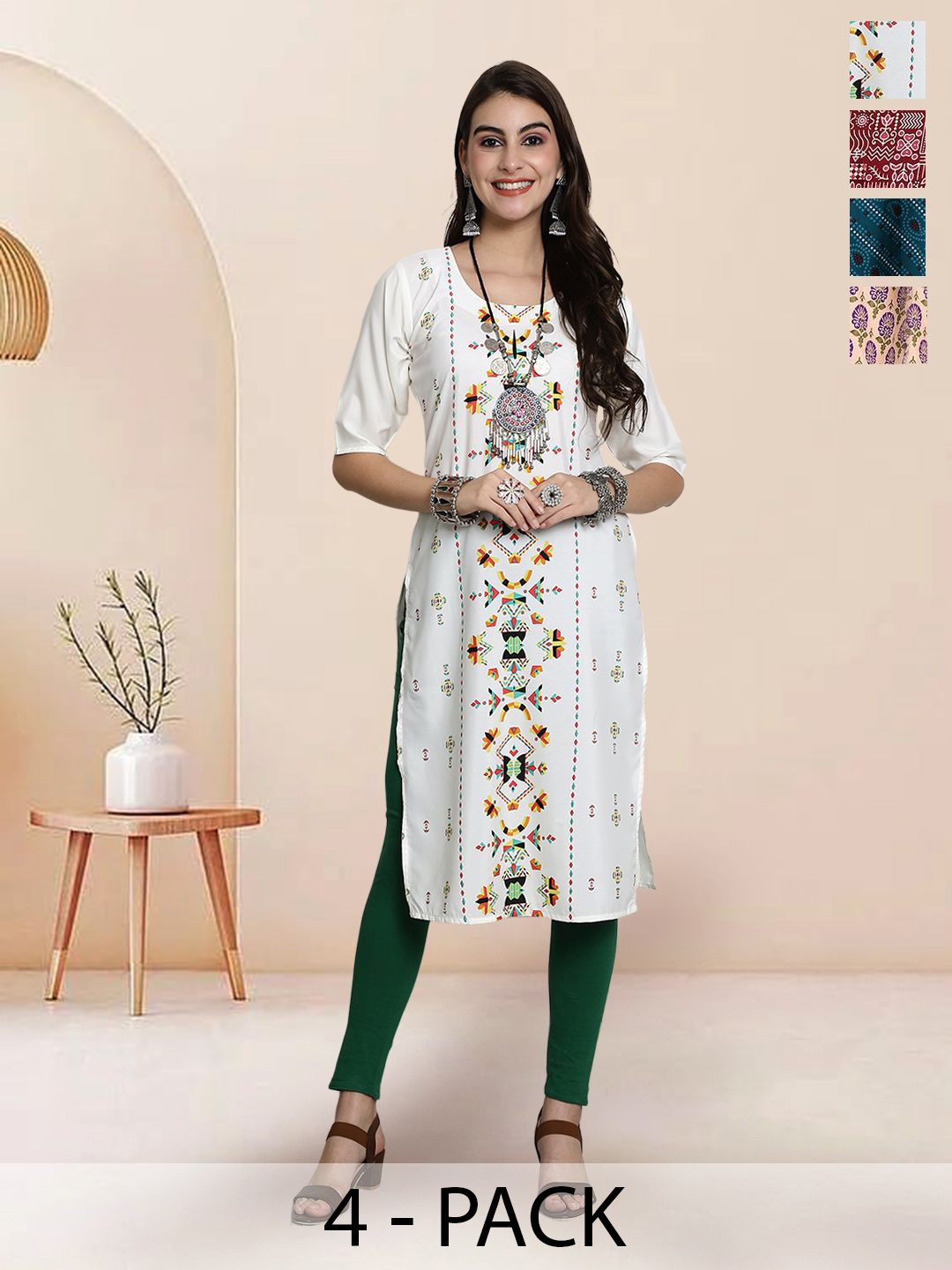 

7Threads Selection Of 4 Ethnic Motifs Printed Round Neck Straight Kurtas, White