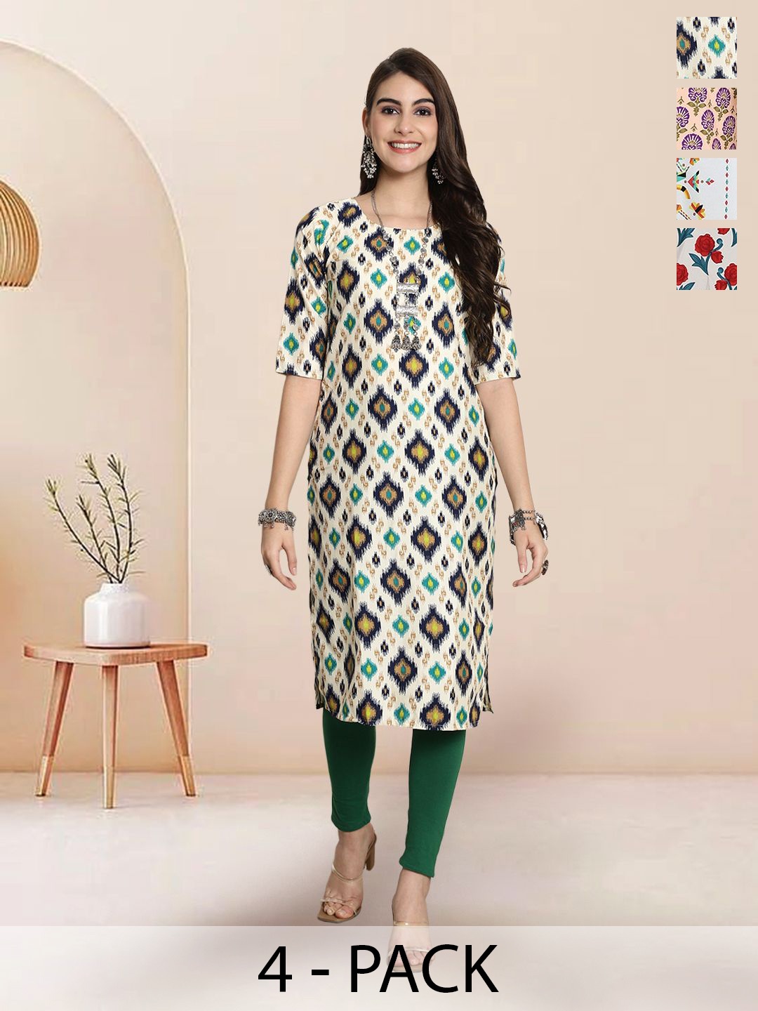 

7Threads Selection of 4 Geometric Printed Round Neck Straight Kurtas, Off white