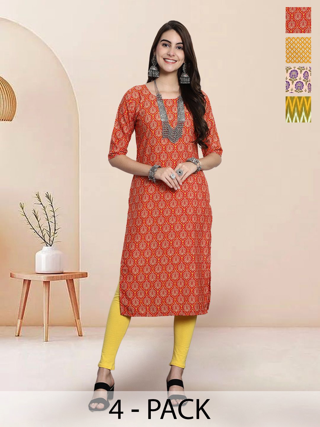 

7Threads Selection Of 4 Ethnic Motifs Printed Round Neck Straight Kurtas, Orange