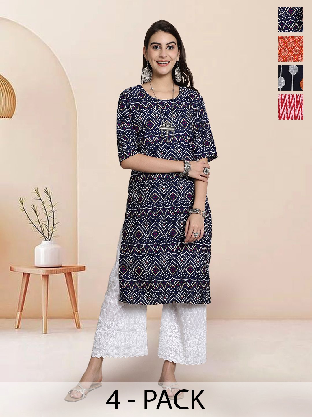 

7Threads Selection Of 4 Bandhani Printed Round Neck Straight Kurtas, Black