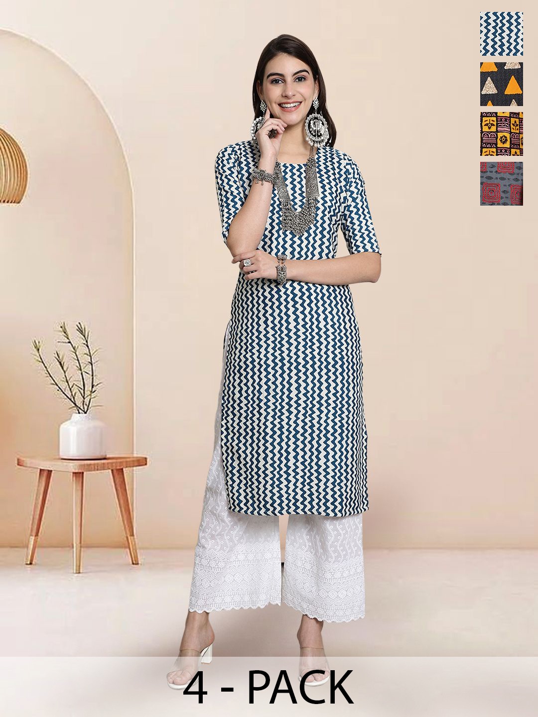 

7Threads Selection of 4 Chevron Printed Round Neck Straight Kurtas, Blue