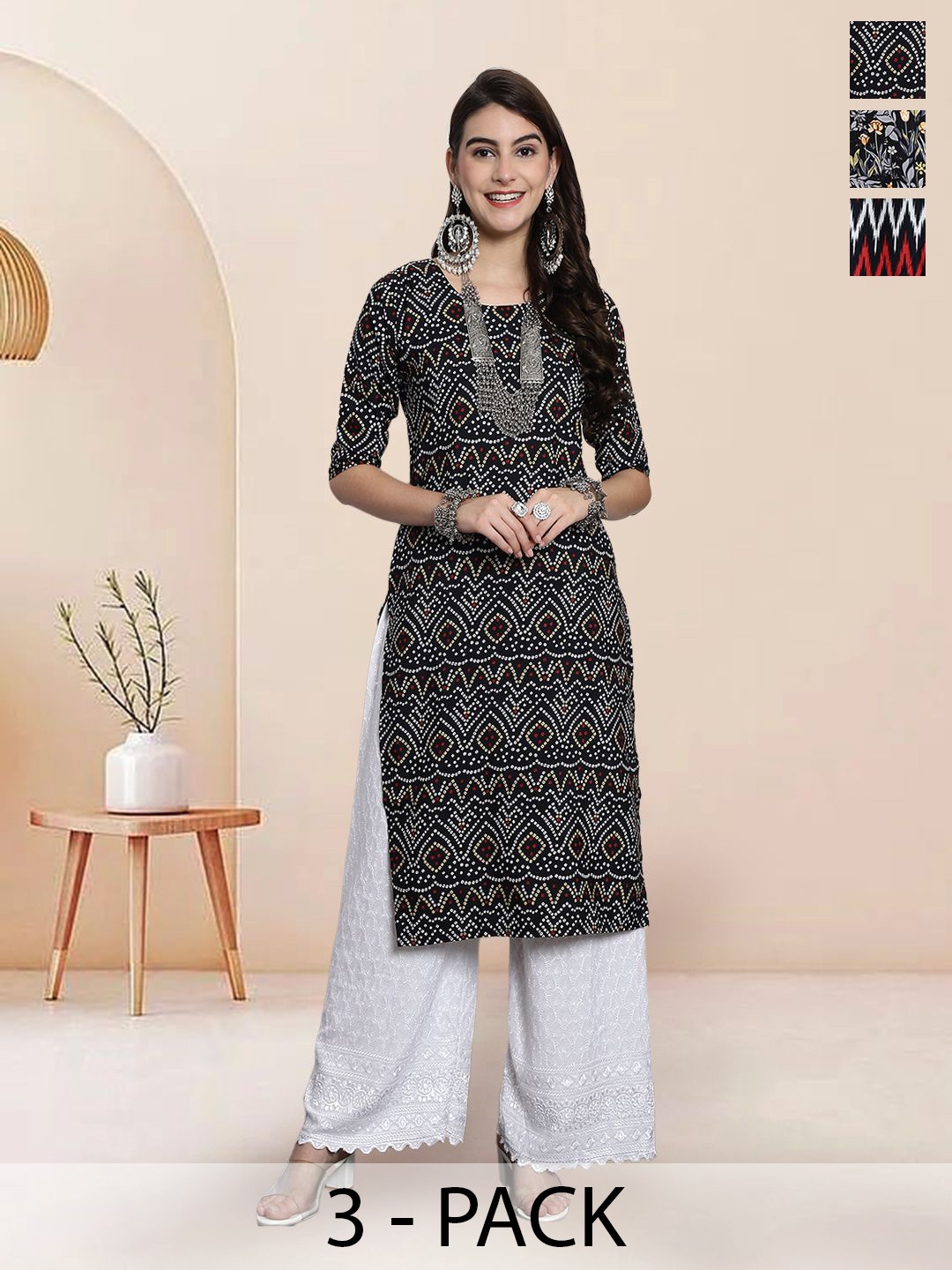 

7Threads Selection Of 3 Ethnic Motifs Printed Round Neck Straight Kurtas, Black