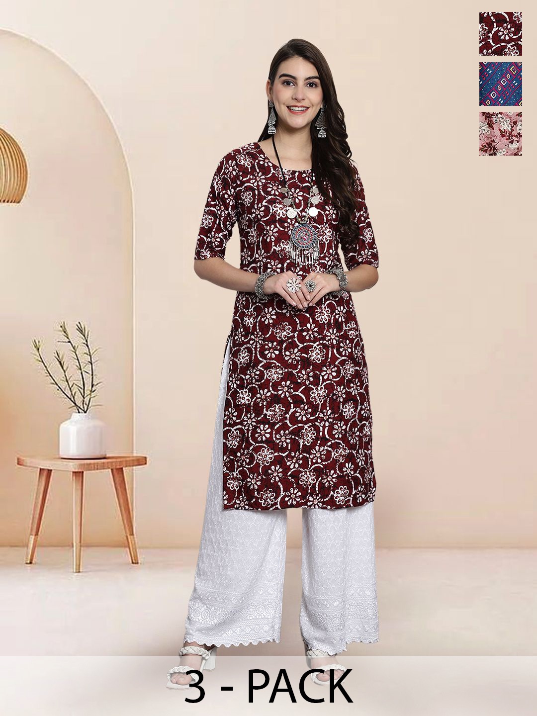 

7Threads Selection Of 4 Floral Printed Round Neck Straight Kurtas, Maroon