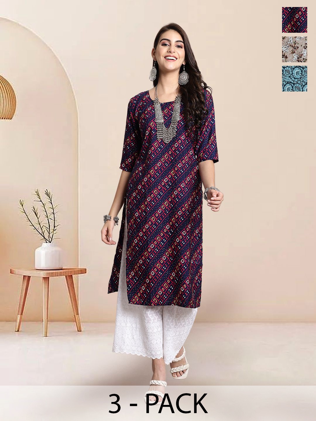 

7Threads Selection of 3 Ethnic Motifs Printed Round Neck Straight Kurtas, Navy blue
