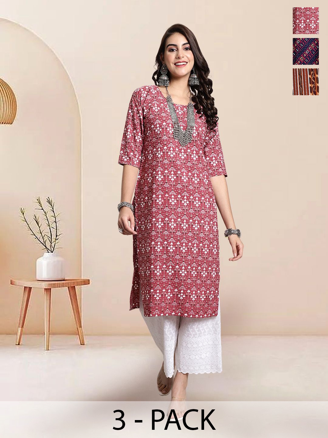 

7Threads Selection Of 3 Ethnic Motifs Printed Straight Kurtas, Mauve