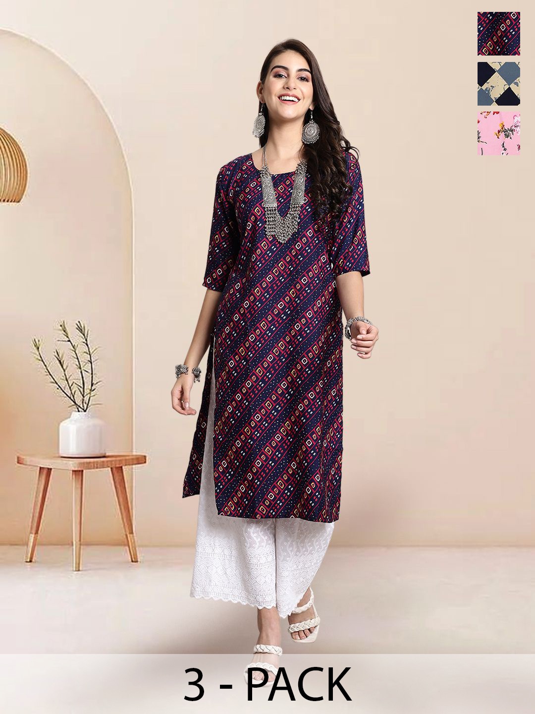 

7Threads Selection Of 3 Geometric Printed Round Neck Straight Kurtas, Navy blue