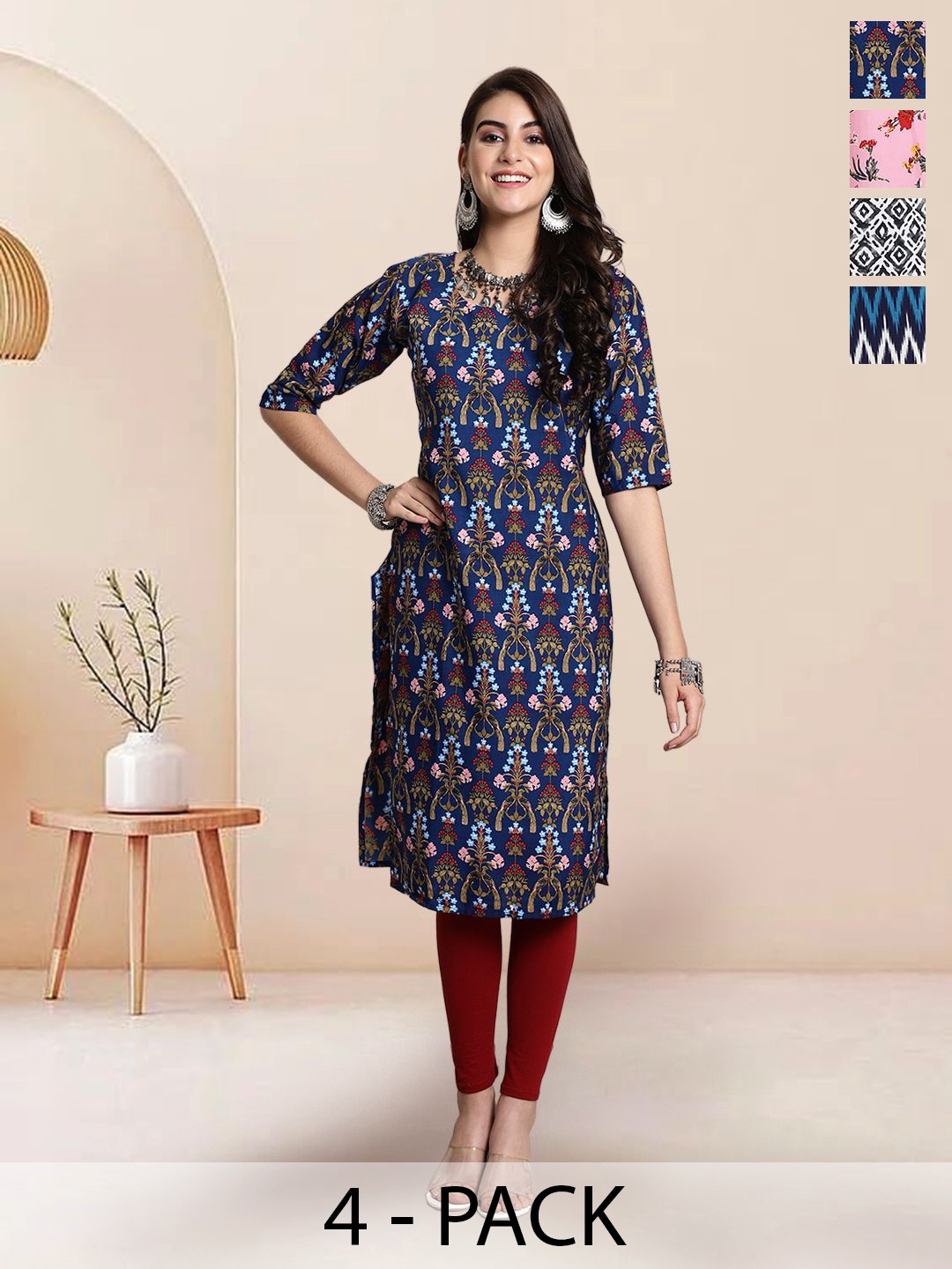 

7Threads Selection Of 4 Floral Printed Round Neck Straight Kurtas, Navy blue