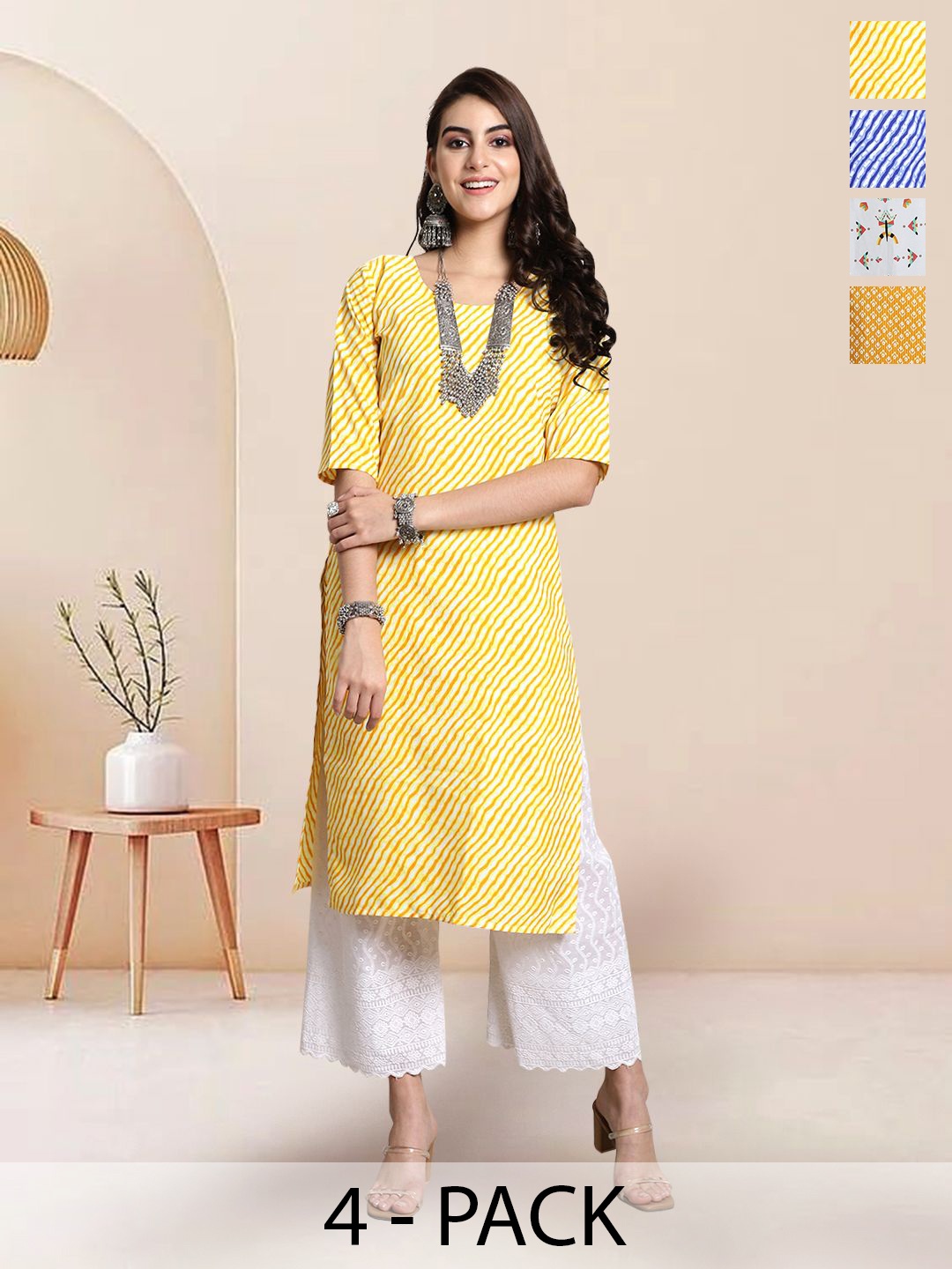 

7Threads Selection Of 4 Leheriya Printed Round Neck Straight Kurtas, Yellow