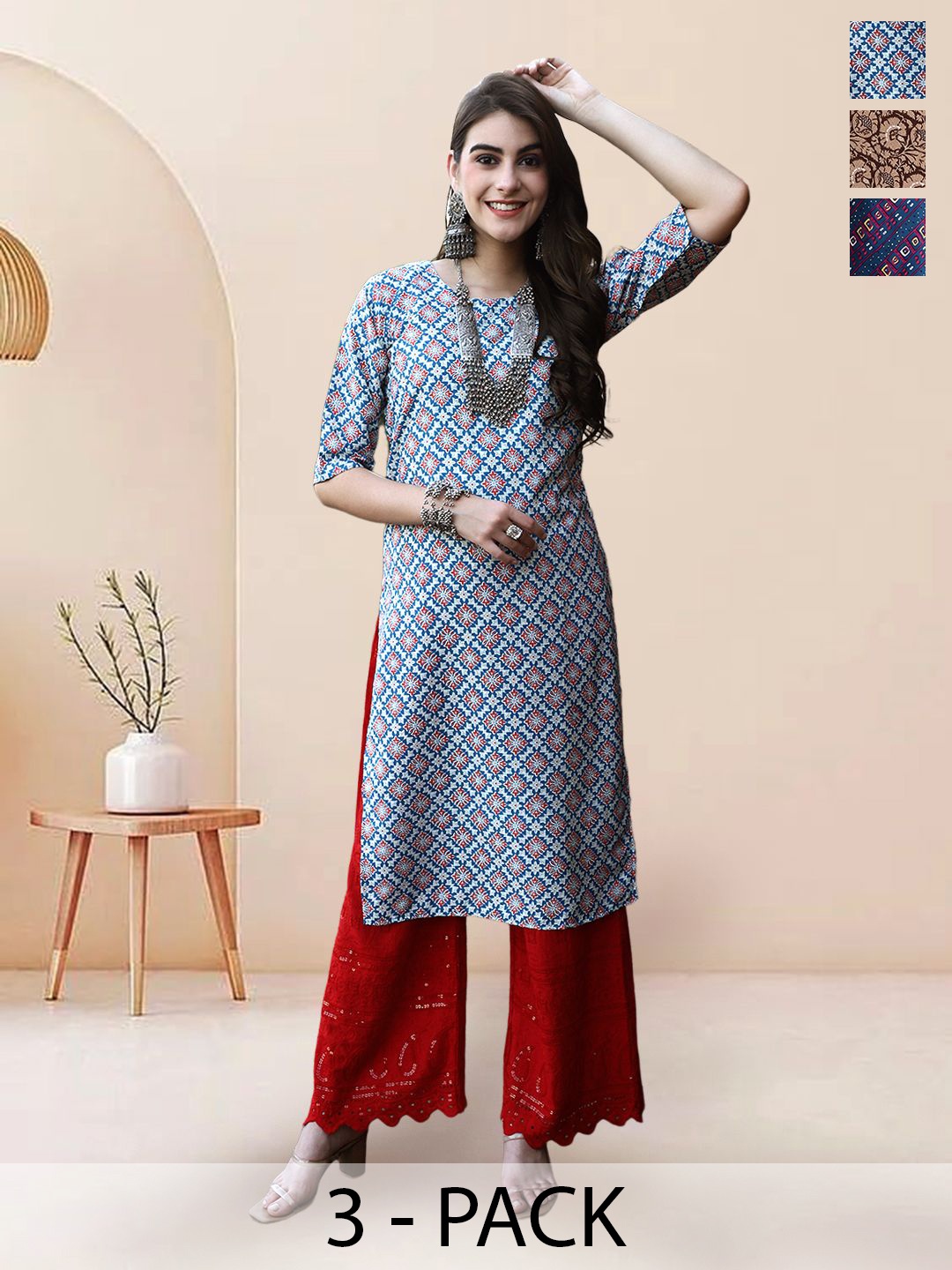 

7Threads Selection Of 3 Ethnic Motifs Printed Round Neck Straight Kurtas, Blue