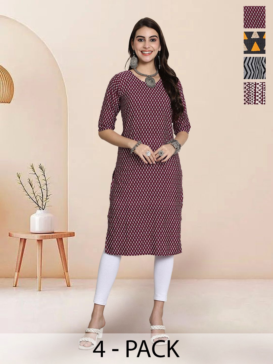 

7Threads Selection Of 4 Floral Printed Round Neck Straight Kurtas, Maroon