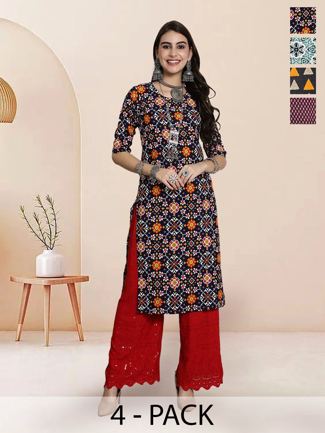 

7Threads Selection Of 4 Geometric Printed Round Neck Straight Kurtas, Black