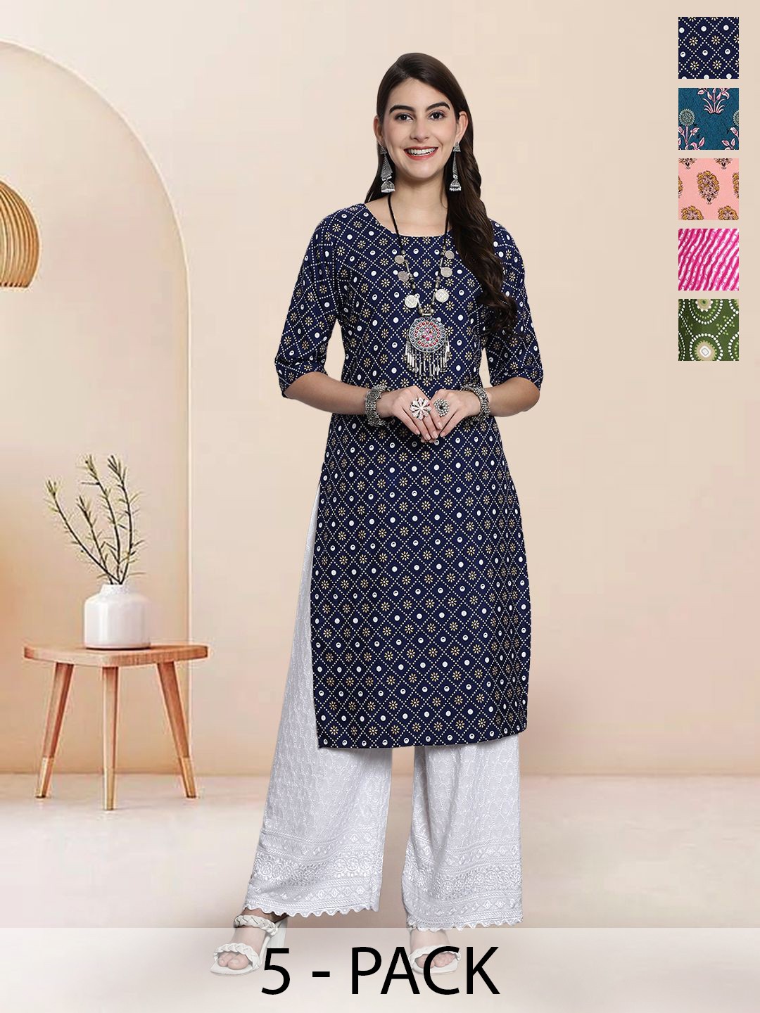 

7Threads Selection Of 5 Ethnic Motifs Printed Round Neck Straight Kurtas, Blue