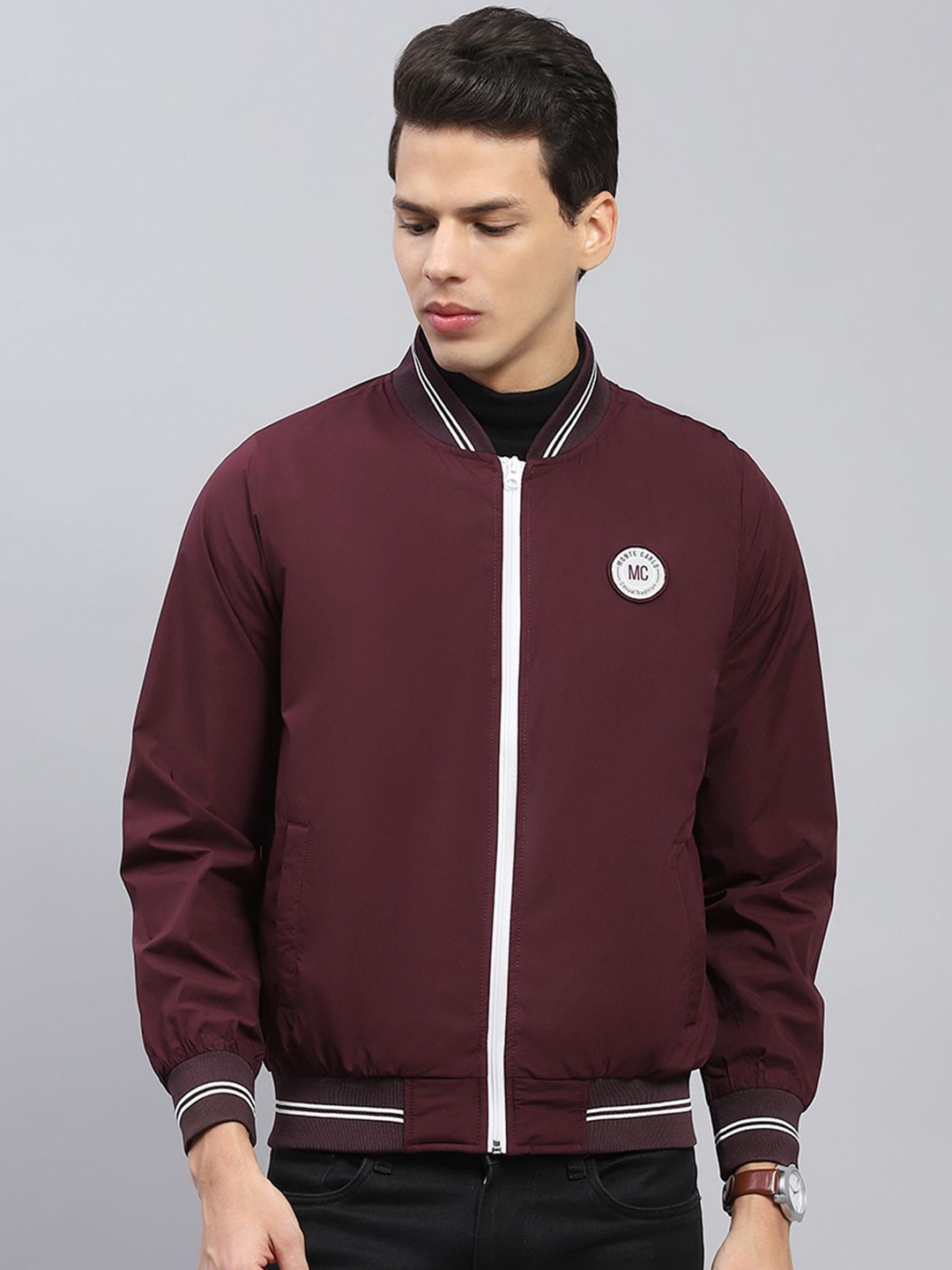 

Monte Carlo Men Stand Collar Solid Casual Lightweight Bomber Jacket, Burgundy