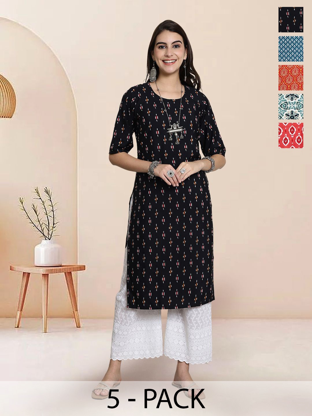 

7Threads Selection Of 5 Ethnic Motifs Printed Round Neck Straight Kurtas, Black