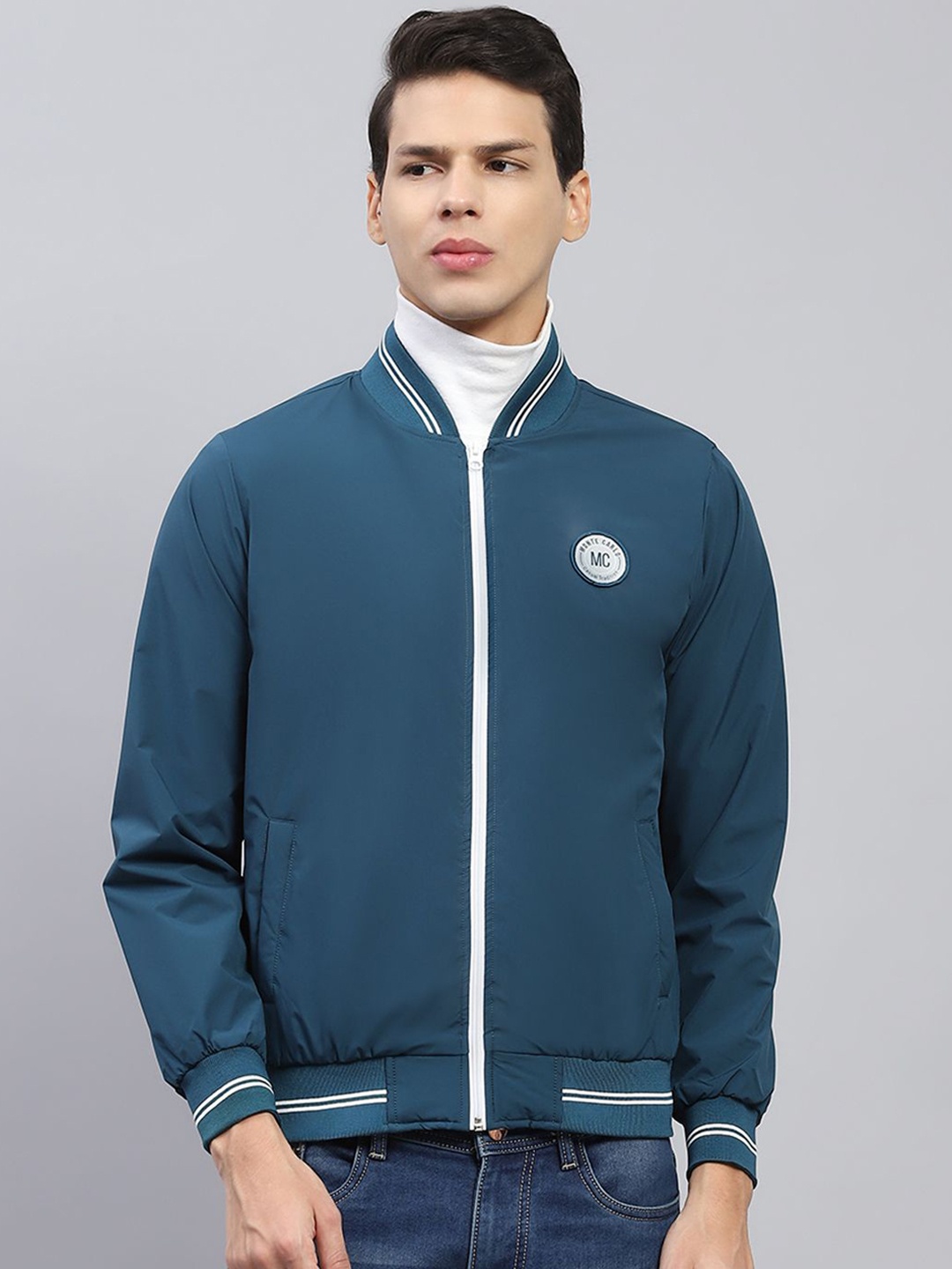

Monte Carlo Men Stand Collar Solid Casual Bomber Lightweight Jacket, Teal