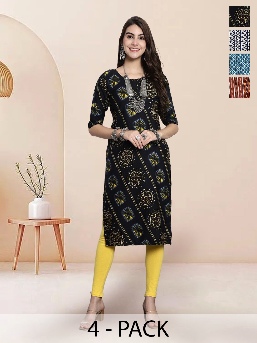 

7Threads Selection Of 4 Ethnic Motifs Printed Round Neck Straight Kurtas, Black