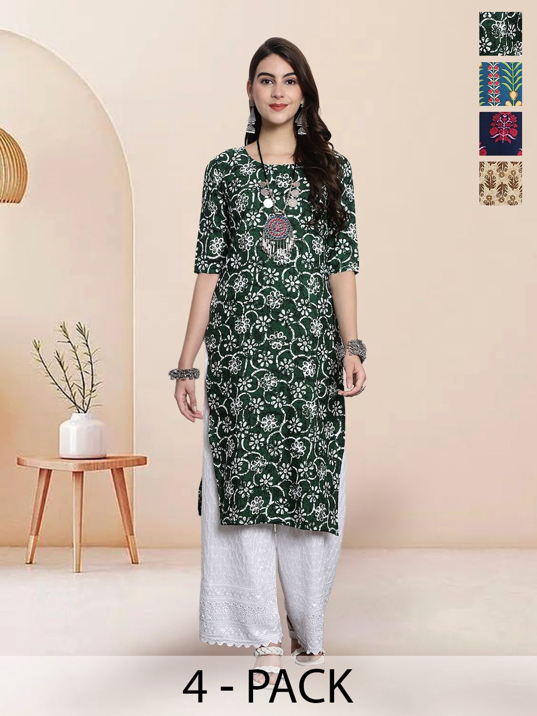 

7Threads Selection Of 4 Floral Printed Round Neck Straight Kurtas, Green