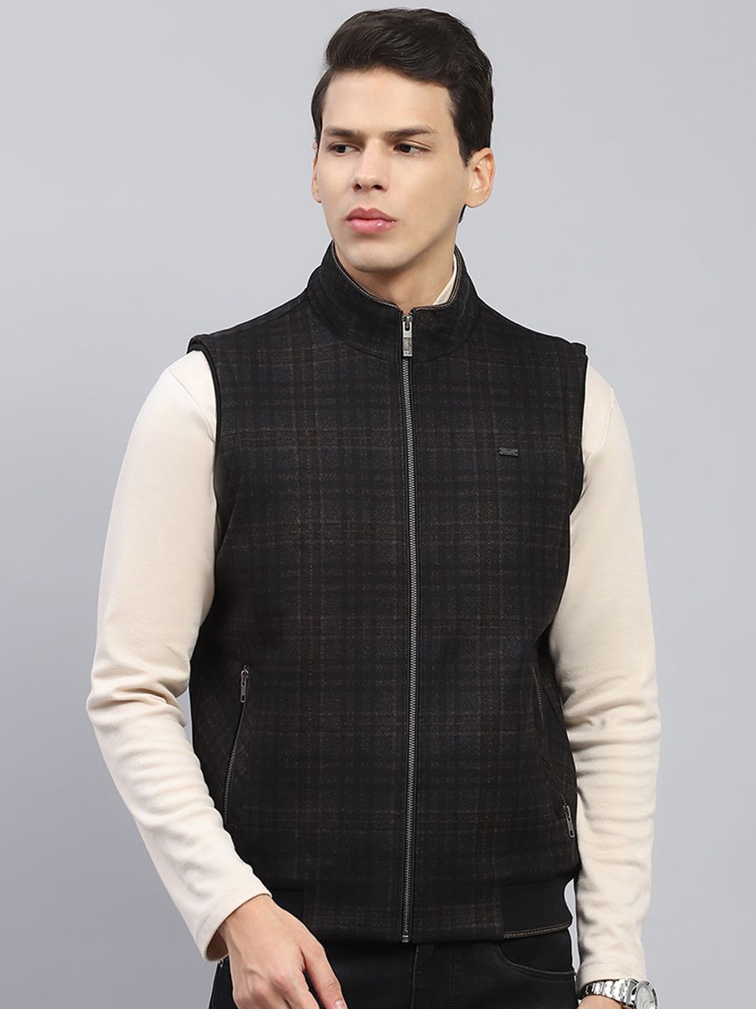 

Monte Carlo Men Mock Collar Checked Casual Tailored Lightweight Jacket, Black