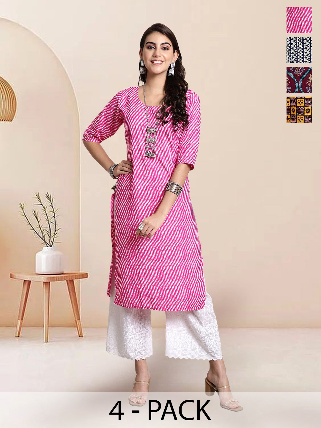 

7Threads Selection Of 4 Leheriya Printed Round Neck Straight Kurtas, Pink