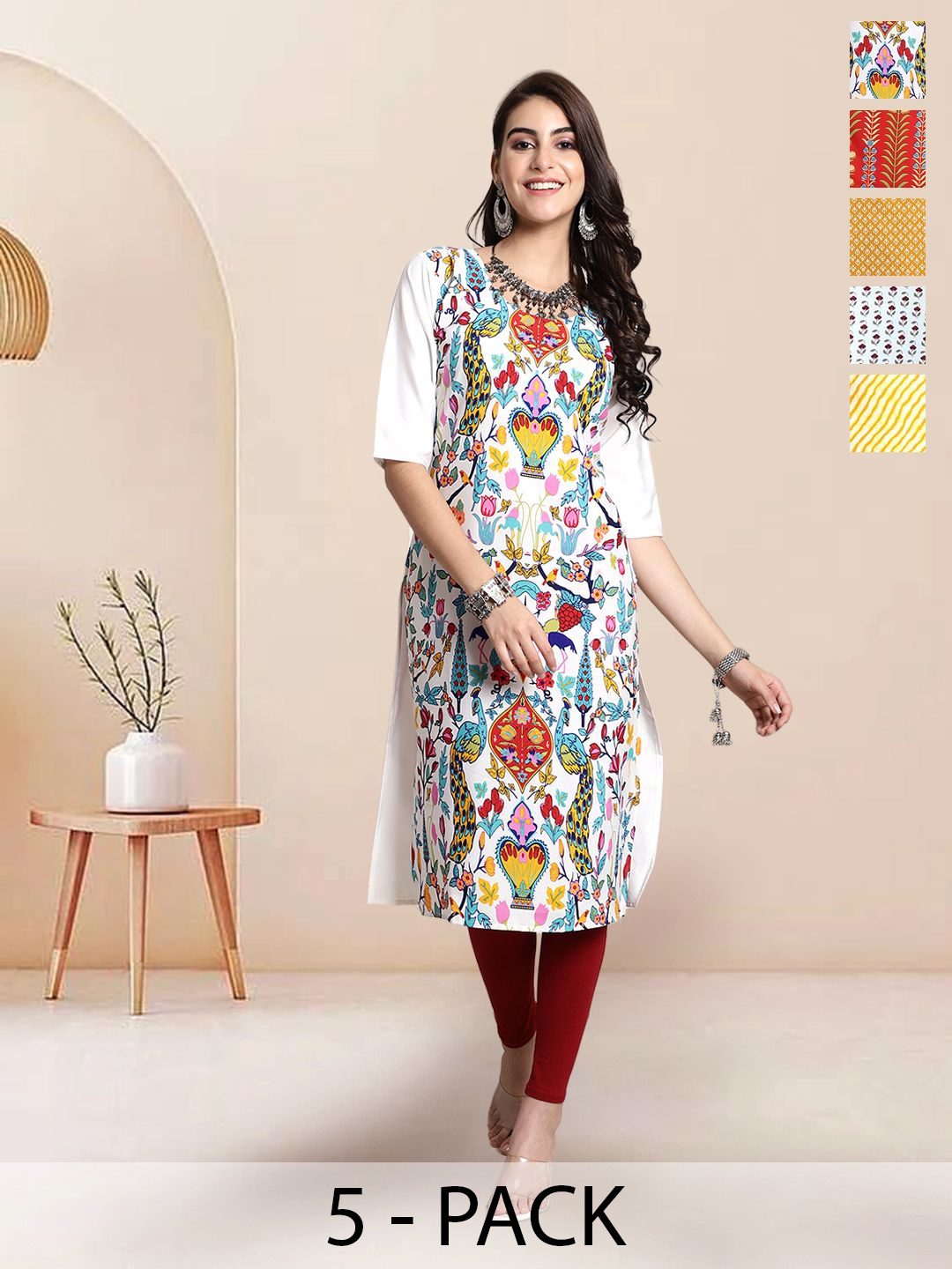 

7Threads Selection of 5 Floral Printed Round Neck Straight Kurtas, White