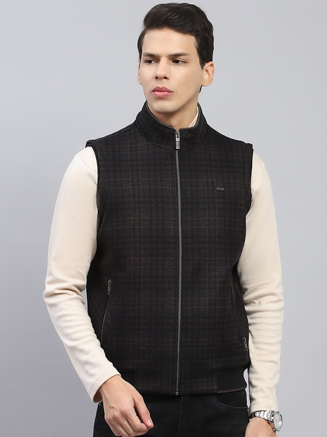 

Monte Carlo Men Mock Collar Checked Casual Tailored Lightweight Jacket, Black