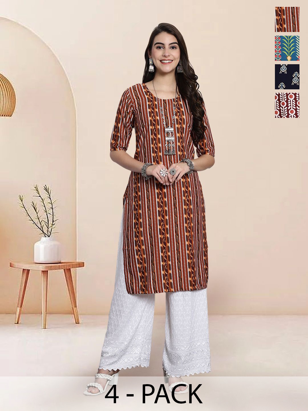 

7Threads Selection Of 4 Geometric Printed Round Neck Straight Kurtas, Brown