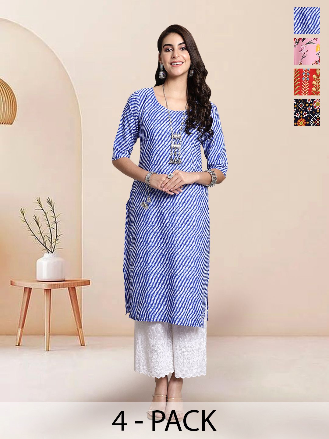 

7Threads Selection Of 4 Leheriya Printed Round Neck Straight Kurtas, Blue