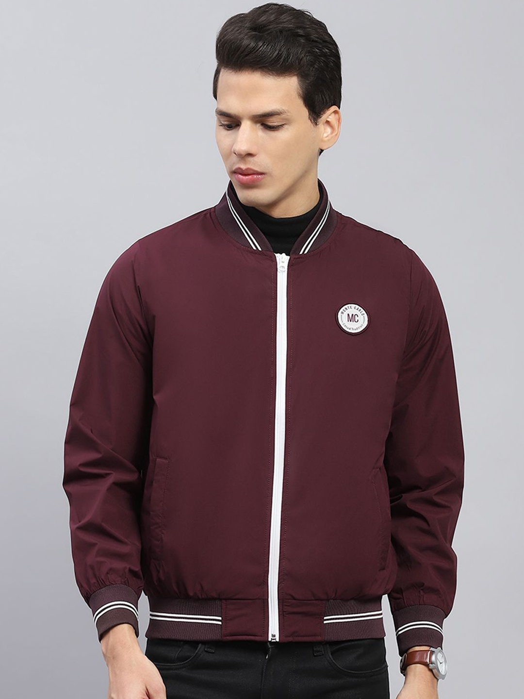 

Monte Carlo Men Stand Collar Solid Casual Lightweight Bomber Jacket, Maroon