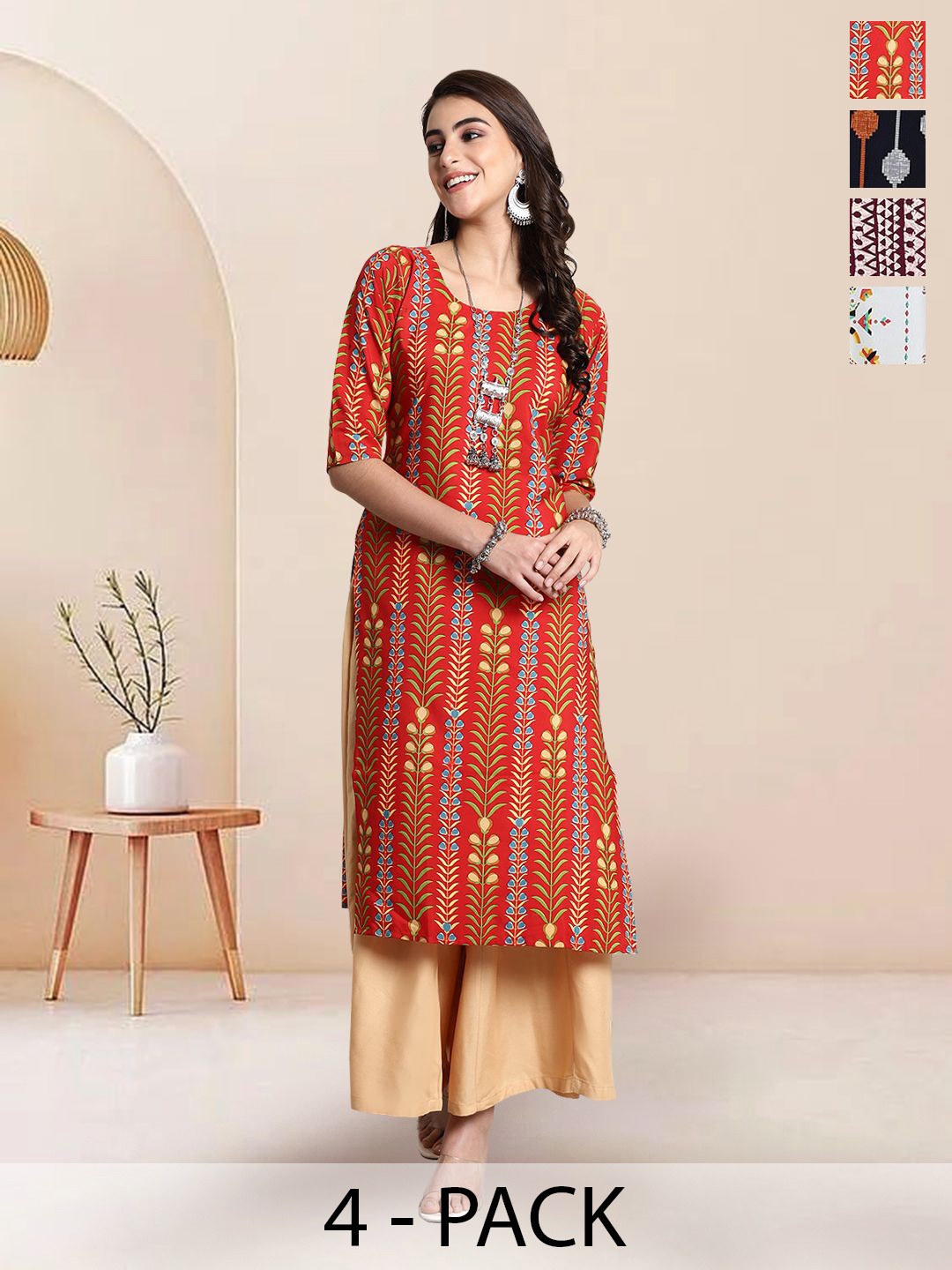 

7Threads Selection Of 4 Floral Printed Round Neck Straight Kurtas, Red
