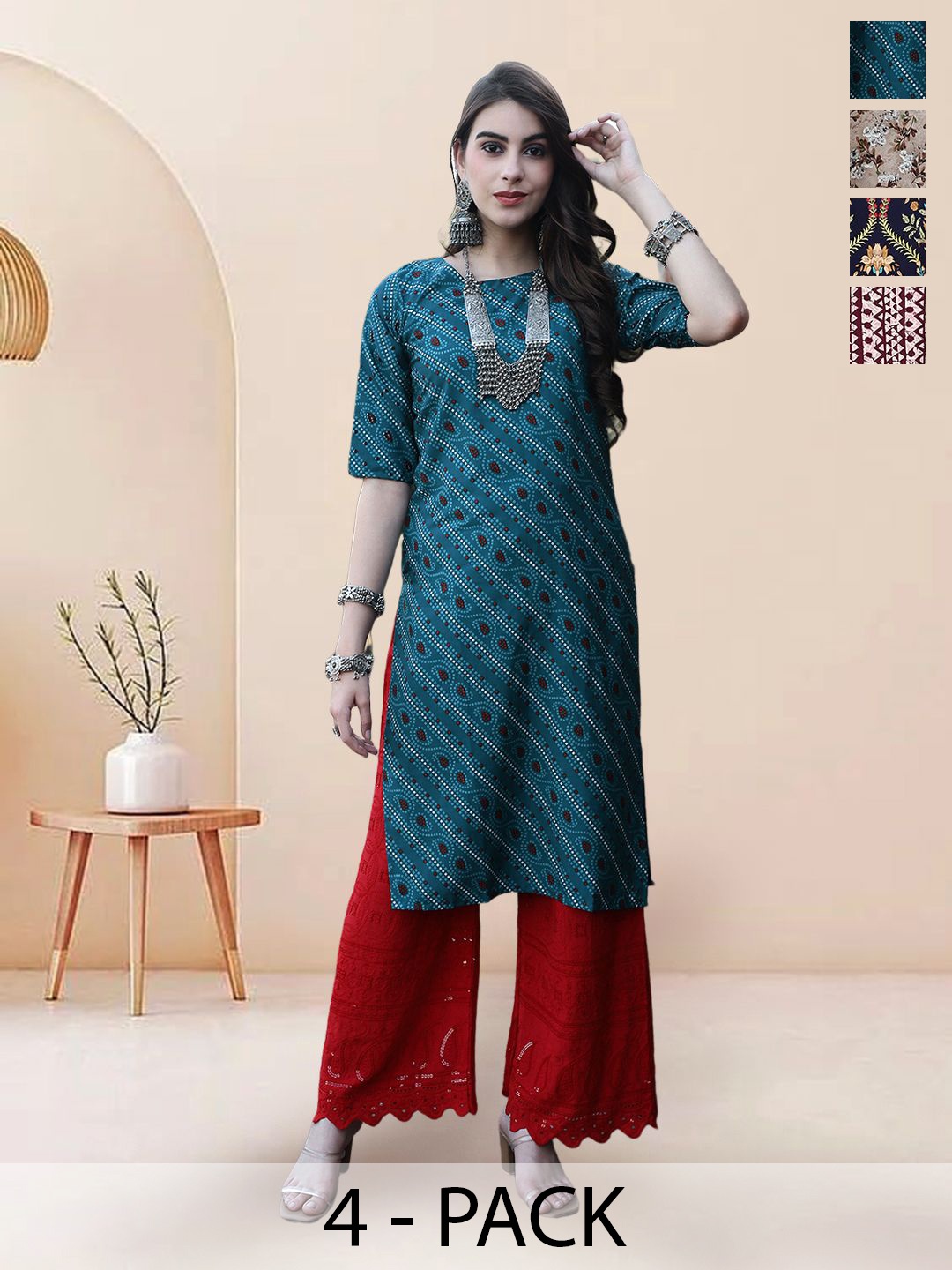 

7Threads Selection Of 4 Ethnic Motifs Printed Round Neck Kurtas, Blue